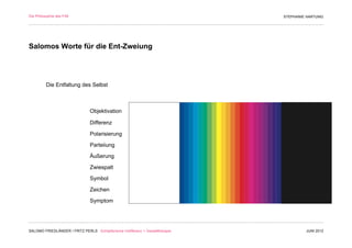 Die Philosophie des F/M                                                        STEPHANIE HARTUNG




Salomos Worte für die Ent-Zweiung




          Die Entfaltung des Selbst



                                Objektivation

                                Differenz

                                Polarisierung

                                Parteiiung

                                Äußerung

                                Zwiespalt

                                Symbol

                                Zeichen

                                Symptom




SALOMO FRIEDLÄNDER / FRITZ PERLS Schöpferische Indifferenz + Gestalttherapie            JUNI 2012
 