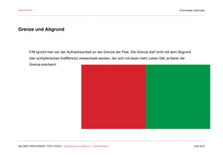 Abschließend                                                                                                STEPHANIE HARTUNG




Grenze und Abgrund



         F/M spricht hier von der Aufmerksamkeit an der Grenze der Pole. Die Grenze darf nicht mit dem Abgrund
         (der schöpferischen Indifferenz) verwechselt werden, der sich mit desto mehr Leben füllt, je klarer die
         Grenze erscheint.




                                                                                  Wollust



SALOMO FRIEDLÄNDER / FRITZ PERLS Schöpferische Indifferenz + Gestalttherapie                                         JUNI 2012
 