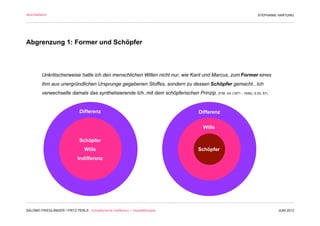 Abschließend                                                                                                        STEPHANIE HARTUNG




Abgrenzung 1: Former und Schöpfer



         Unkritischerweise hatte ich den menschlichen Willen nicht nur, wie Kant und Marcus, zum Former eines
         ihm aus unergründlichen Ursprunge gegebenen Stoffes, sondern zu dessen Schöpfer gemacht...Ich
         verwechselte damals das synthetisierende Ich..mit dem schöpferischen Prinzip. (F/M, Ich (1871 - 1936), S.53, 57)


                               Differenz                                              Differenz


                                                                                         Wille

                               Schöpfer
                                  Wille                                               Schöpfer
                              Indifferenz




SALOMO FRIEDLÄNDER / FRITZ PERLS Schöpferische Indifferenz + Gestalttherapie                                                 JUNI 2012
 
