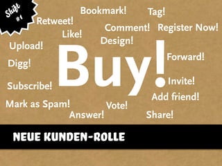 Buy!
neue kunden-rolle
Upload!
Comment!
Tag!
Digg!
Forward!
Invite!
Bookmark!
Retweet!
Share!
Add friend!
Design!
Mark as Spam!
Like!
Answer!
Vote!
Register Now!
Subscribe!
Shift
#1
 