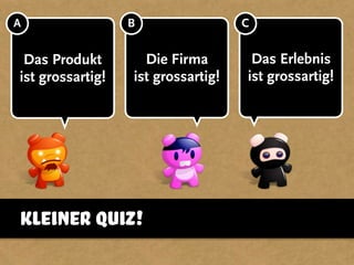 kleiner Quiz!
Das Produkt
ist grossartig!
Die Firma
ist grossartig!
Das Erlebnis
ist grossartig!
A B C
 