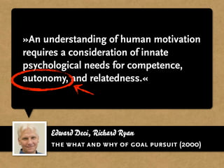 Edward Deci, Richard Ryan
»An understanding of human motivation
requires a consideration of innate
psychological needs for competence,
autonomy, and relatedness.«
the what and why of goal pursuit (2000)
 