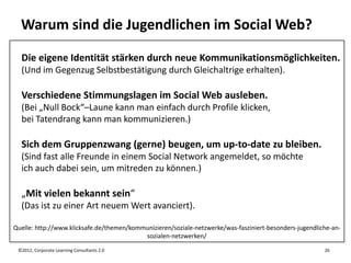 Warum sind die Jugendlichen im Social Web?

  Die eigene Identität stärken durch neue Kommunikationsmöglichkeiten.
  (Und im Gegenzug Selbstbestätigung durch Gleichaltrige erhalten).

  Verschiedene Stimmungslagen im Social Web ausleben.
  (Bei „Null Bock“–Laune kann man einfach durch Profile klicken,
  bei Tatendrang kann man kommunizieren.)

  Sich dem Gruppenzwang (gerne) beugen, um up-to-date zu bleiben.
  (Sind fast alle Freunde in einem Social Network angemeldet, so möchte
  ich auch dabei sein, um mitreden zu können.)

  „Mit vielen bekannt sein“
  (Das ist zu einer Art neuem Wert avanciert).

Quelle: http://www.klicksafe.de/themen/kommunizieren/soziale-netzwerke/was-fasziniert-besonders-jugendliche-an-
                                           sozialen-netzwerken/

 ©2012, Corporate Learning Consultants 2.0                                                               26
 
