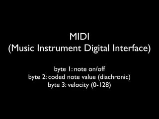 MIDI
(Music Instrument Digital Interface)
byte 1: note on/off
byte 2: coded note value (diachronic)
byte 3: velocity (0-128)
 