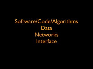 Software/Code/Algorithms
Data
Networks
Interface
 