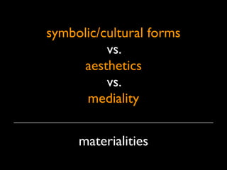 symbolic/cultural forms
vs.
aesthetics
vs.
mediality
materialities
 