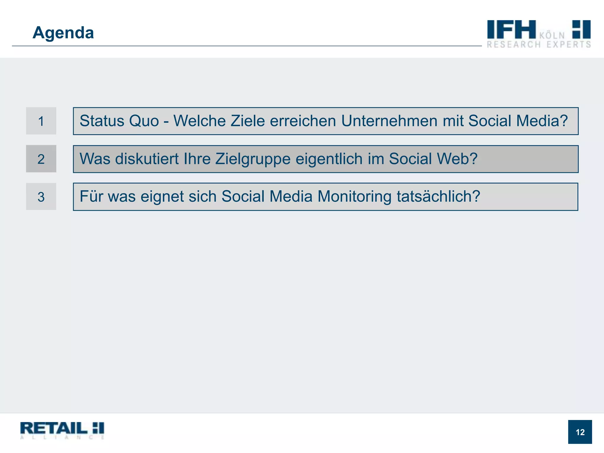 Ziele und Zielerreichung von Social Media-AktivitätenWelche Ziele verfolgen Sie mit Ihren Social Media-Aktivitäten? Inwieweit haben Sie diese Ziele bereits erreicht??BedeutungZielerreichungSehr großeKeineKeineKomplettQuelle: ECC Handel: Internet im Handel, 2010.n = 316