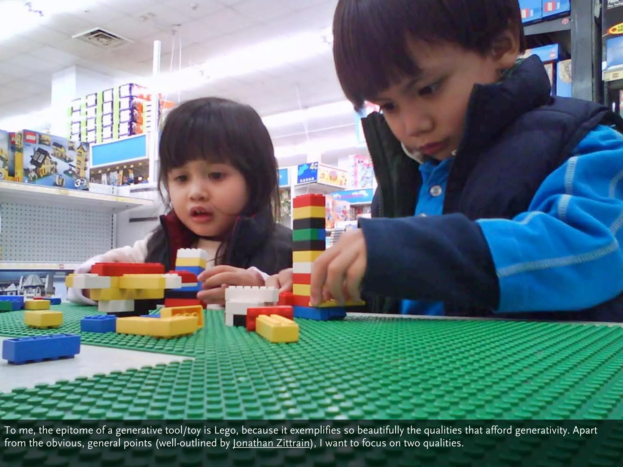 To me, the epitome of a generative tool/toy is Lego, because it exemplifies so beautifully the qualities that afford generativity. Apart
from the obvious, general points (well-outlined by Jonathan Zittrain), I want to focus on two qualities.
 