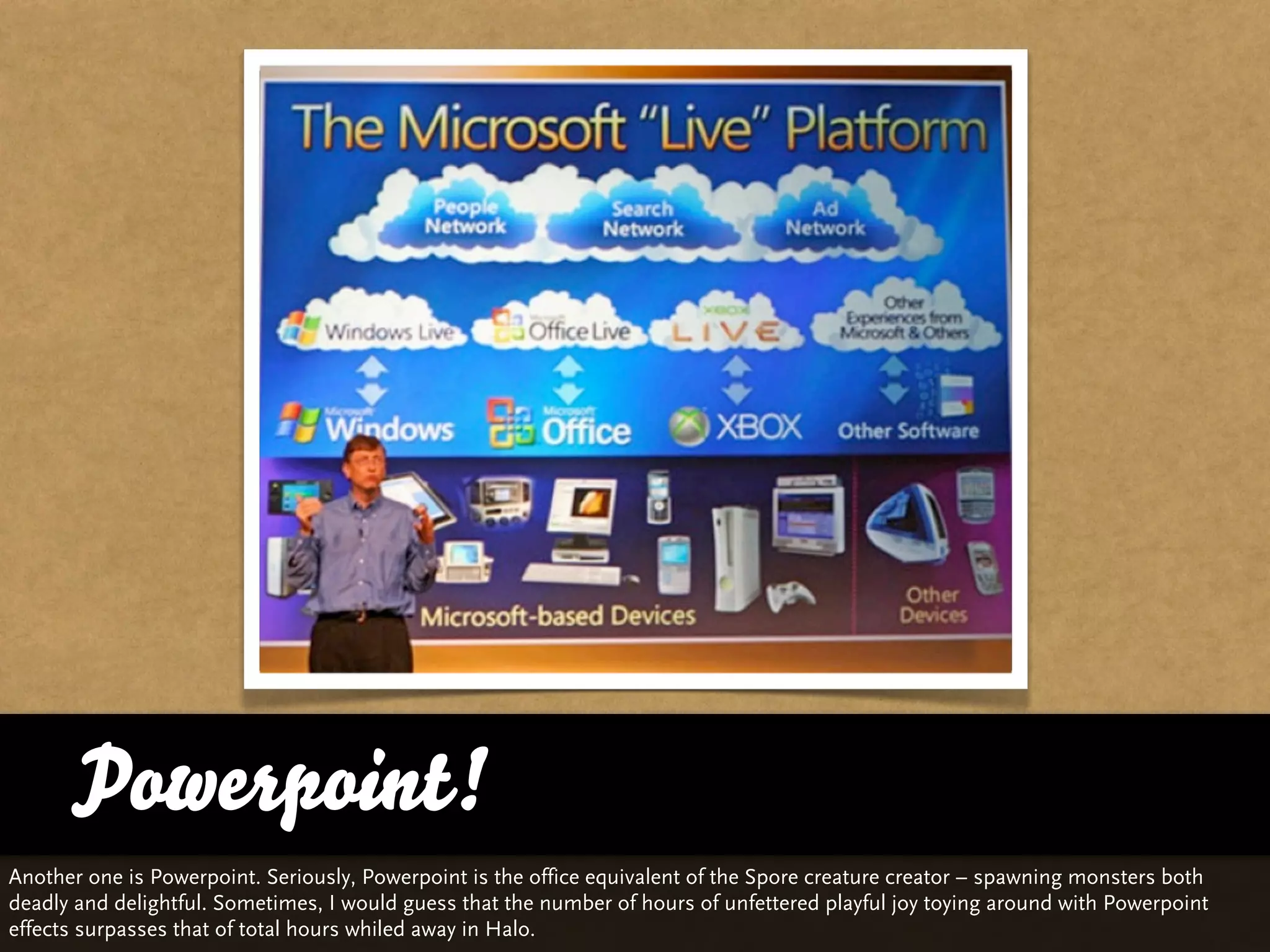 Powerpoint!
Another one is Powerpoint. Seriously, Powerpoint is the office equivalent of the Spore creature creator – spawning monsters both
deadly and delightful. Sometimes, I would guess that the number of hours of unfettered playful joy toying around with Powerpoint
effects surpasses that of total hours whiled away in Halo.
 