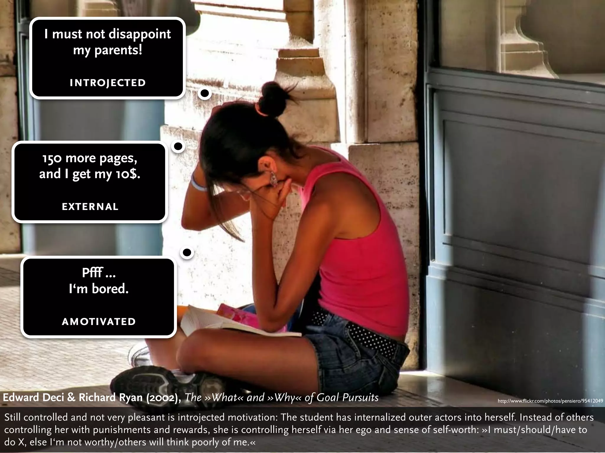 I must not disappoint
             my parents!

               introjected




        150 more pages,
        and I get my 10$.

             external



                 Pfff …
               I‘m bored.

             amotivated




Edward Deci & Richard Ryan (2002), The »What« Deci»Why« of Goal Pursuits
                                       Edward and & Richard Ryan: The »What« and »Why« of Gaol Pursuits (2002)
                                                                                           http://www.ﬂickr.com/photos/pensiero/95412049


Still controlled and not very pleasant is introjected motivation: The student has internalized outer actors into herself. Instead of others
controlling her with punishments and rewards, she is controlling herself via her ego and sense of self-worth: »I must/should/have to
do X, else I‘m not worthy/others will think poorly of me.«
 