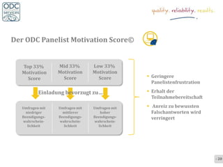 Der ODC Panelist Motivation Score©


   Top 33%        Mid 33%        Low 33%
   Motivation     Motivation     Motivation
     Score          Score          Score         Geringere
                                                  Panelistenfrustration

           Einladung bevorzugt zu…               Erhalt der
                                                  Teilnahmebereitschaft

   Umfragen mit   Umfragen mit   Umfragen mit    Anreiz zu bewussten
     niedriger      mittlerer       hoher         Falschantworten wird
   Beendigungs-   Beendigungs-   Beendigungs-     verringert
   wahrschein-    wahrschein-    wahrschein-
      lichkeit      lichkeit       lichkeit




                                                                          - 20 -
 