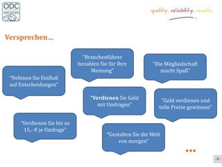 Versprechen…

                               “Branchenführer
                             bezahlen Sie für Ihre          “Die Mitgliedschaft
                                  Meinung”                     macht Spaß”
 “Nehmen Sie Einfluß
 auf Entscheidungen”

                                  “Verdienen Sie Geld           “Geld verdienen und
                                     mit Umfragen”             tolle Preise gewinnen”

     “Verdienen Sie bis zu
      15,- € je Umfrage”
                                         “Gestalten Sie die Welt

                                                                         …
                                             von morgen”


                                                                                        -8-
 