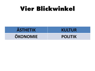 Vier Blickwinkel
ÄSTHETIK KULTUR
ÖKONOMIE POLITIK
 