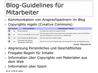 Blog-Guidelines für Mitarbeiter Kommunikation von Ansprechpartnern im Blog Copyrights regeln (Creative Commons) Abgrenzung Persönliches und Geschäftliches Freigabe-Regeln für Inhalte Information über Copyrights von Materialen aus dem Web Information über Spam 05.07.10   02:21 nachm. Quelle: Wikipedia.de 