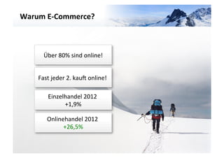 Warum	
  E-­‐Commerce?	
  




                                                   VARIANTE	
  	
  2	
  
         Über	
  80%	
  sind	
  online!
                                      	
  


      Fast	
  jeder	
  2.	
  kauZ	
  online!	
  
                                            	
  

           Einzelhandel	
  2012	
  
                               	
  
                 +1,9%	
  
                          	
  
           Onlinehandel	
  2012	
  
                               	
  
                 +26,5%	
  
                          	
  
 
