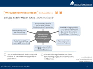 Prof. Dr. Bardo Herzig I Education Innovation Circle 2013 I Berlin I 13 I
Wirkungsebene Institution 21Einflussfaktoren
Einflüsse digitaler Medien auf die Schule(ntwicklung)
Digitale Medien können eine katalytische
Funktion in Schulentwicklungsprozessen
übernehmen
Herzig/ Grafe (2010)
Schulentwicklungsprozesse sind ohne
Berücksichtigung des medialen Wandels
nicht denkbar Herzig/ Aßmann/ Grafe (2010)
Herzig/ Aßmann (2012)
Unterstützung durch
die Schulleitung
Fort-/ Weiterbildung
(medienpäd. Kompetenz)
pädagog. ausgerichtetes
IT-Management
Unterstützungssysteme/
Kooperationsstrukturen
(gemeins. Unterrichts-
entwicklung/ -reflexion, ...)
Kooperation mit
externen Partnern
gemeinsam entwickelte
und geteilte Visionen
(Medienkonzept/ -programm)
Bedingungen
erfolgreicher
Medienintegration
 