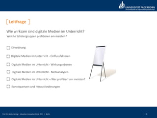 Prof. Dr. Bardo Herzig I Education Innovation Circle 2013 I Berlin I 2 I
Leitfrage
Wie wirksam sind digitale Medien im Unterricht?
Welche Schülergruppen profitieren am meisten?
Einordnung
Digitale Medien im Unterricht - Einflussfaktoren
Digitale Medien im Unterricht - Wirkungsebenen
Digitale Medien im Unterricht – Wer profitiert am meisten?
Konsequenzen und Herausforderungen
Digitale Medien im Unterricht - Metaanalysen
 