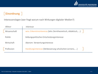 Prof. Dr. Bardo Herzig I Education Innovation Circle 2013 I Berlin I 4 I
Interessenslagen (wer fragt warum nach Wirkungen digitaler Medien?)
Wissenschaft
Politik
Wirtschaft
Profession
wiss. Erkenntnisinteresse (lehr-/lerntheoretisch, didaktisch, ...)
bildungspolitisches Entscheidungsinteresse
ökonom. Verwertungsinteresse
Handlungsinteresse (Verbesserung schulischen Lernens, ...)
Akteur Interesse
Einordnung
 