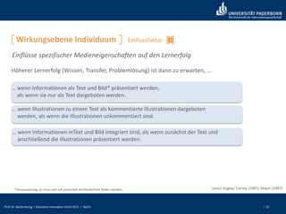 Prof. Dr. Bardo Herzig I Education Innovation Circle 2013 I Berlin I 8 I
Wirkungsebene Individuum
… wenn Informationen als Text und Bild* präsentiert werden,
als wenn sie nur als Text dargeboten werden.
… wenn Illustrationen zu einem Text als kommentierte Illustrationen dargeboten
werden, als wenn die Illustrationen unkommentiert sind.
… wenn Informationen inText und Bild integriert sind, als wenn zunächst der Text und
anschließend die Illustrationen präsentiert werden.
*Voraussetzung: es muss sich um potenziell lernförderliche Bilder handeln. Levin/ Angley/ Carney (1987); Mayer (1997)
Höherer Lernerfolg (Wissen, Transfer, Problemlösung) ist dann zu erwarten, ...
Einflüsse spezifischer Medieneigenschaften auf den Lernerfolg
1Einflussfaktor
 