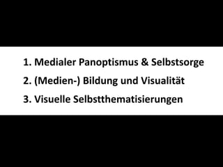 1. Medialer Panoptismus & Selbstsorge
2. (Medien-) Bildung und Visualität
3. Visuelle Selbstthematisierungen
 