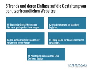 5 Trends und deren Einfluss auf die Gestaltung von
benutzerfreundlichen Websites
#1: Steigende (Digital)-Kenntnisse
führen zu gesteigerten Erwartungen.
#2: Das Smartphone als ständiger
Begleiter.
#3: Die Aufmerksamkeitsspanne der
Nutzer wird immer kürzer.
#4 Social Media wird noch immer nicht
verstanden.
#5 Kein Online Business ohne User
Centered Design
 