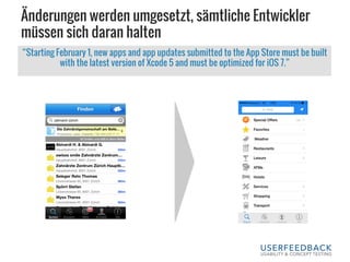 Änderungen werden umgesetzt, sämtliche Entwickler
müssen sich daran halten
“Starting February 1, new apps and app updates submitted to the App Store must be built
with the latest version of Xcode 5 and must be optimized for iOS 7.”
 