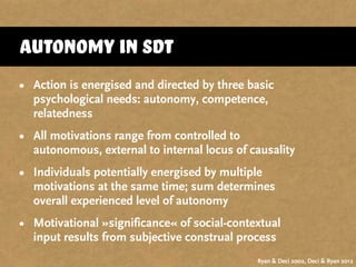 autonomy in SDT
• Action is energised and directed by three basic
psychological needs: autonomy, competence,
relatedness
• All motivations range from controlled to
autonomous, external to internal locus of causality
• Individuals potentially energised by multiple
motivations at the same time; sum determines
overall experienced level of autonomy
• Motivational »significance« of social-contextual
input results from subjective construal process
Ryan & Deci 2002, Deci & Ryan 2012
 