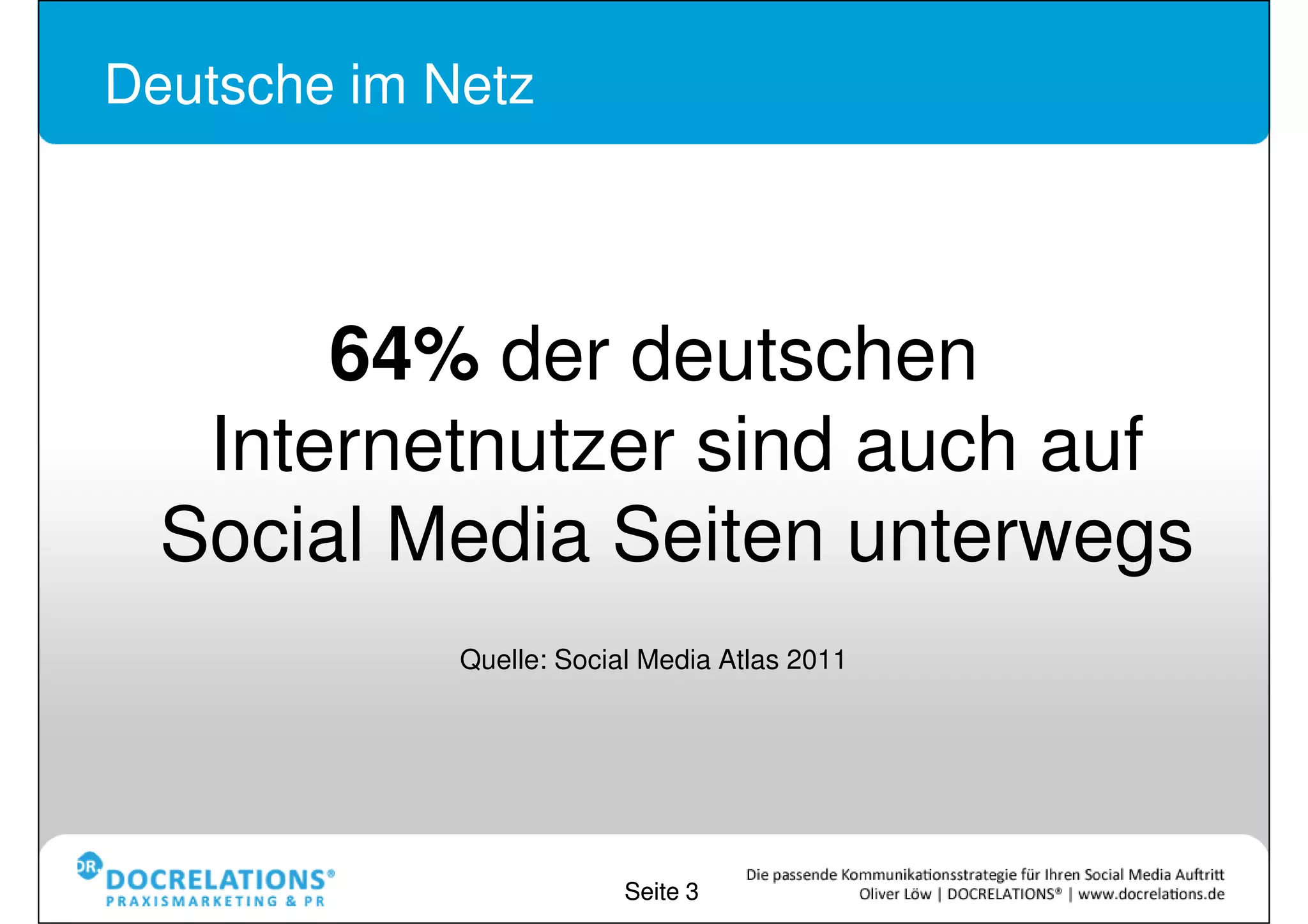 Deutsche im Netz




       64% der deutschen
   Internetnutzer sind auch auf
  Social Media Seiten unterwegs
            Quelle: Social Media Atlas 2011




                         Seite 3
 