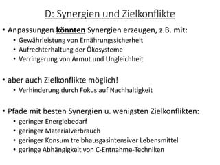 D: Synergien und Zielkonflikte
• Anpassungen könnten Synergien erzeugen, z.B. mit:
• Gewährleistung von Ernährungssicherheit
• Aufrechterhaltung der Ökosysteme
• Verringerung von Armut und Ungleichheit
• aber auch Zielkonflikte möglich!
• Verhinderung durch Fokus auf Nachhaltigkeit
• Pfade mit besten Synergien u. wenigsten Zielkonflikten:
• geringer Energiebedarf
• geringer Materialverbrauch
• geringer Konsum treibhausgasintensiver Lebensmittel
• geringe Abhängigkeit von C-Entnahme-Techniken
 