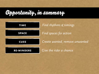 Opportunity, in summary
      time      Find rhythms & timings

     space      Find spaces for action

     cues       Create wanted, remove unwanted

   re-minders   Give the rider a chance
 