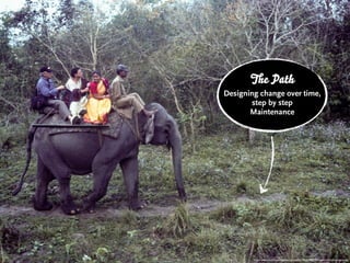 e Path
Designing change over time,
       step by step
       Maintenance




        http://www.ﬂickr.com/photos/grumbler/5631948705/sizes/o/in/photostream/
 