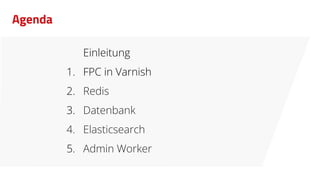 Agenda
Einleitung
1. FPC in Varnish
2. Redis
3. Datenbank
4. Elasticsearch
5. Admin Worker
 