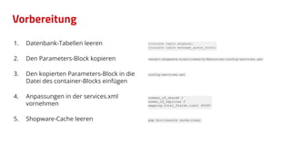 Vorbereitung
1. Datenbank-Tabellen leeren
2. Den Parameters-Block kopieren
3. Den kopierten Parameters-Block in die
Datei des container-Blocks einfügen
4. Anpassungen in der services.xml
vornehmen
5. Shopware-Cache leeren
truncate table enqueue;
truncate table message_queue_stats;
vendor/shopware/elasticsearch/Resources/config/services.xml
config/services.xml
number_of_shards 1
numer_of_replicas 0
mapping.total_fields.limit 50000
php bin/console cache:clear
 