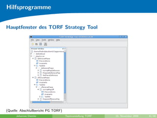 Hilfsprogramme


Hauptfenster des TORF Strategy Tool




(Quelle: Abschlußbericht PG TORF)
     Johannes Diemke                Teamvorstellung TORF   10. November 2009   41/48
 