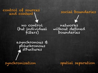 control of sources
                            social boundaries
   and content


         no control         networks
   ...