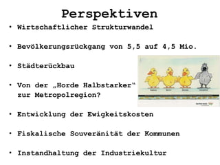 Perspektiven
• Wirtschaftlicher Strukturwandel
• Bevölkerungsrückgang von 5,5 auf 4,5 Mio.
• Städterückbau
• Von der „Horde Halbstarker“
zur Metropolregion?
• Entwicklung der Ewigkeitskosten
• Fiskalische Souveränität der Kommunen
• Instandhaltung der Industriekultur
 