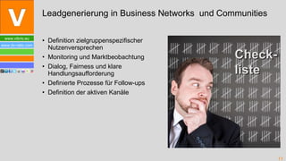 Definition zielgruppenspezifischer Nutzenversprechen Monitoring und Marktbeobachtung Dialog, Fairness und klare Handlungsaufforderung Definierte Prozesse für Follow-ups Definition der aktiven Kanäle Leadgenerierung in Business Networks  und Communities Check- liste 