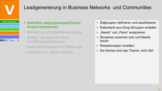 Definition zielgruppenspezifischer Nutzenversprechen Monitoring und Marktbeobachtung Dialog, Fairness und klare Handlungsaufforderung Definierte Prozesse für Follow-ups Definition der aktiven Kanäle Zielgruppen definieren und spezifizieren Datenbank aus (Xing-)Gruppen erstellen „ Needs“ und „Pains“ analysieren Storylines zwischen sich und Needs bauen Redaktionsplan erstellen Die Stories sind das Thema, nicht Sie! Leadgenerierung in Business Networks  und Communities 
