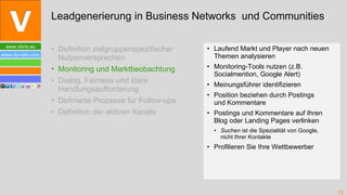 Definition zielgruppenspezifischer Nutzenversprechen Monitoring und Marktbeobachtung Dialog, Fairness und klare Handlungsaufforderung Definierte Prozesse für Follow-ups Definition der aktiven Kanäle Laufend Markt und Player nach neuen Themen analysieren Monitoring-Tools nutzen (z.B. Socialmention, Google Alert) Meinungsführer identifizieren Position beziehen durch Postings  und Kommentare Postings und Kommentare auf Ihren Blog oder Landing Pages verlinken Suchen  ist die Spezialität von Google,  nicht Ihrer Kontakte Profilieren Sie Ihre Wettbewerber Leadgenerierung in Business Networks  und Communities 