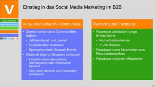 Zuerst vorhandene Communities nutzen „ Mitdiskutieren“ und „Lernen“ Co-Moderation anstreben Sponsoring realer Gruppen-Events Optional eigene Gruppen aufbauen LinkedIn wenn international, mehrsprachig oder Adressaten bekannt Xing wenn deutsch und Adressaten unbekannt Facebook adressiert junge Erwachsene Hochschulabsolventen 1 st  Job Hoppers Facebook nutzt Mitarbeiter zum Reputationsaufbau Facebook motiviert Mitarbeiter Einstieg in das Social Media Marketing im B2B Xing- oder LinkedIn Communities Recruiting per Facebook 