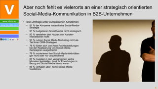 BSI-Umfrage unter europäischen Konzernen 81 % der Konzerne haben keine Social-Media-Strategie 91 % budgetieren Social Media nicht strategisch 93 % verstehen den Nutzen von Kunden-Interaktionen nicht 93 % nutzen Social Media Marketing nicht als Teil ihrer CRM-Strategien 76 % fühlen sich von ihren Rechtsabteilungen bei der Realisierung von Social-Media-Kampagnen ausgebremst 76 % moderieren ihre Social-Media-Aktivitäten gar nicht oder nur unzureichend 87 % mussten in den vergangenen sechs Monaten feststellen, dass ihr Erwartungen in Bezug auf Social Media falsch waren 89 % verfügen über  keine Social Media Guidelines Aber noch fehlt es vielerorts an einer strategisch orientierten Social-Media-Kommunikation in B2B-Unternehmen 