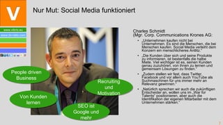 Charles Schmidt  (Mgr. Corp. Communications Krones AG: „ Unternehmen kaufen nicht bei Unternehmen. Es sind die Menschen, die bei Menschen kaufen. Social Media verleiht dem Konzern ein menschlicheres Antlitz.“ „ Die Kunden über sich und seine Produkte zu informieren, ist bestenfalls die halbe Miete. Viel wichtiger ist es, seinen Kunden genau zuzuhören, von ihnen zu lernen und gemeinsam Lösungen zu finden.“ „ Zudem stellen wir fest, dass Twitter, Facebook und vor allem auch YouTube als Suchmaschinen für uns immer mehr an Relevanz gewinnen.“ „ Natürlich sprechen wir auch die zukünftigen Entscheider an, wollen uns im „War for Talents“ positionieren, aber auch die Identifikation der eigenen Mitarbeiter mit dem Unternehmen stärken.“ Nur Mut: Social Media funktioniert People driven Business Von Kunden lernen SEO ist Google und mehr Recruiting und Motivation 