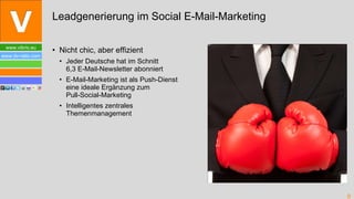 Nicht chic, aber effizient Jeder Deutsche hat im Schnitt  6,3 E-Mail-Newsletter abonniert E-Mail-Marketing ist als Push-Dienst eine ideale Ergänzung zum  Pull-Social-Marketing Intelligentes zentrales  Themenmanagement Leadgenerierung im Social E-Mail-Marketing 
