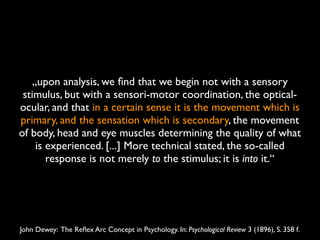 „upon analysis, we ﬁnd that we begin not with a sensory
 stimulus, but with a sensori-motor coordination, the optical-
ocu...