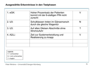 Peter Mertens – Universität Erlangen-Nürnberg 75
Ausgewählte Erkenntnisse in den Testphasen
1. eGK: Hoher Prozentsatz der Patienten
kommt mit der 6-stelligen PIN nicht
zurecht
V
2. U3: Schulklassen treten im Gänsemarsch
durch die gleiche Wagentür
N
3. U3: Auf alten Gleisen Abschnitte ohne
Stromzufuhr
?
4. A2LL: Zeit zur Systementwicklung und
Realisierung zu knapp
V
5. Tiergartentunnel: Fehlende Dokumente wegen Insolvenz N
6. FISCUS: Bundesländer „mauern“ V
Legende:
V = vorhersehbar
N = nicht vorhersehbar
? = fraglich
 