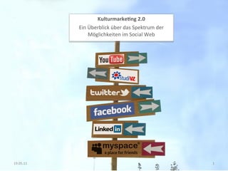 Kulturmarke*ng	
  2.0	
  	
  
               Ein	
  Überblick	
  über	
  das	
  Spektrum	
  der	
  
                      Möglichkeiten	
  im	
  Social	
  Web	
  
                                         	
  




19.05.11	
                                                              1	
  
 
