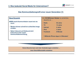 3. Was bedeutet Social Media für Unternehmen?


             Das Kommunikationsprofil einer neuen Generation (1)


Neue Dynamik                                   Um 50 Millionen Nutzer zu erreichen,
                                                dauerte es …
WWW macht Kommunikation rasant wie nie
 zuvor.                                        › Radio              50 Jahre
                                               › TV                 13 Jahre
› Marken können schnell ein schlechtes Image
                                               › Internet           4 Jahre
  erhalten
                                               › iPod               3 Jahre
› Neben Inbound und Outbound wird
                                               › Facebook           6 Monate
  E-bound zu einer neuen
  Kommunikationsrichtung
                                                 1 Milliarde iPhone Apps in 9 Monaten!




                   Keine Branche kann sich den Veränderungen entziehen …
                   Keine Branche kann sich den Veränderungen entziehen …
                              neue Geschäftsmodelle entstehen
                              neue Geschäftsmodelle entstehen
 