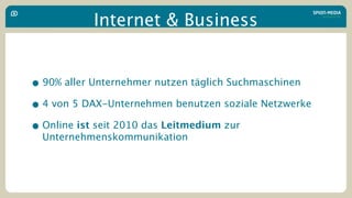 Internet & Business


• 90% aller Unternehmer nutzen täglich Suchmaschinen
• 4 von 5 DAX-Unternehmen benutzen soziale Netzwerke
• Online ist seit 2010 das Leitmedium zur
  Unternehmenskommunikation
 