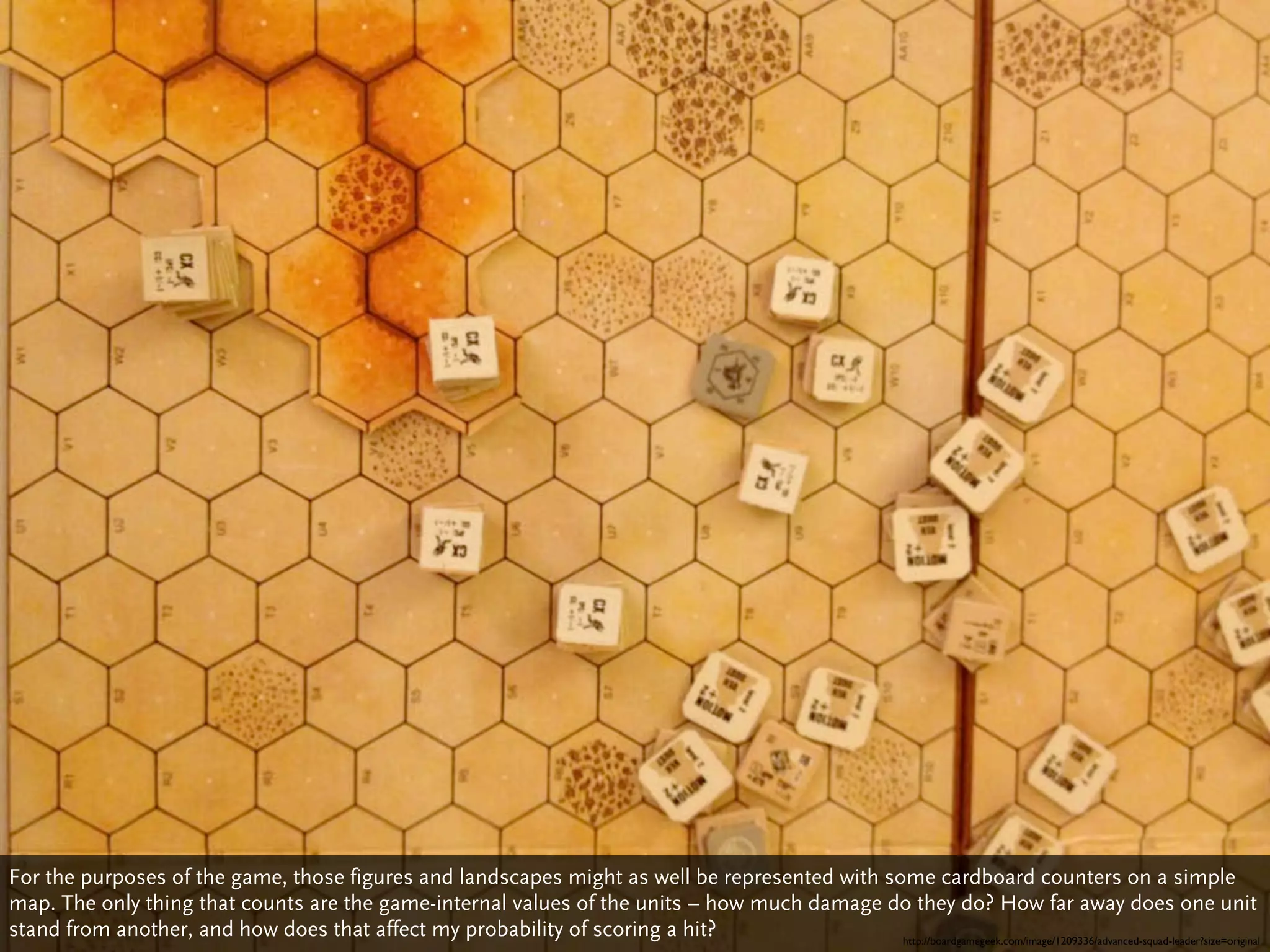 For the purposes of the game, those figures and landscapes might as well be represented with some cardboard counters on a simple
map. The only thing that counts are the game-internal values of the units – how much damage do they do? How far away does one unit
stand from another, and how does that affect my probability of scoring a hit?                  http://boardgamegeek.com/image/1209336/advanced-squad-leader?size=original
 