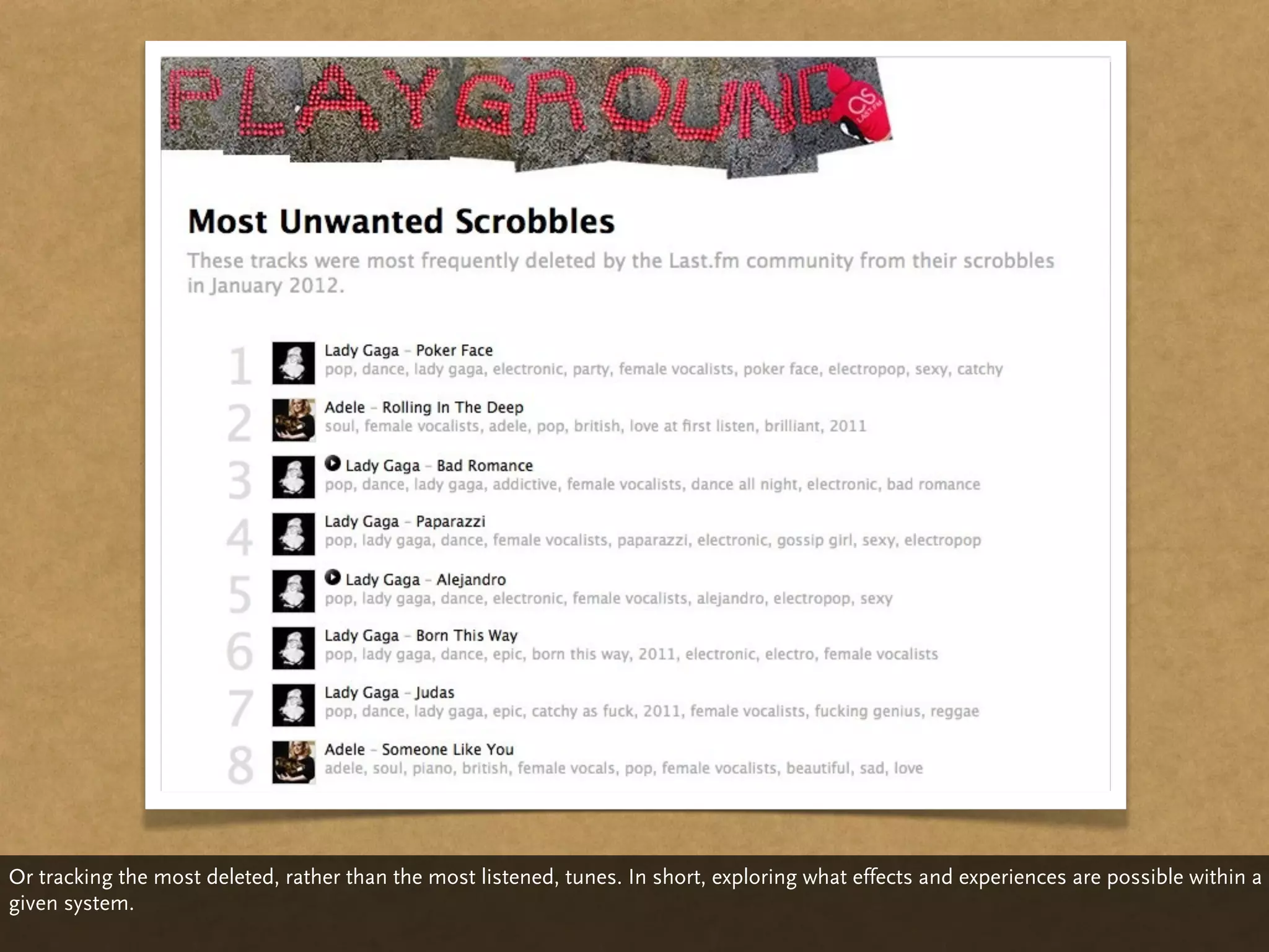 Or tracking the most deleted, rather than the most listened, tunes. In short, exploring what effects and experiences are possible within a
given system.
 